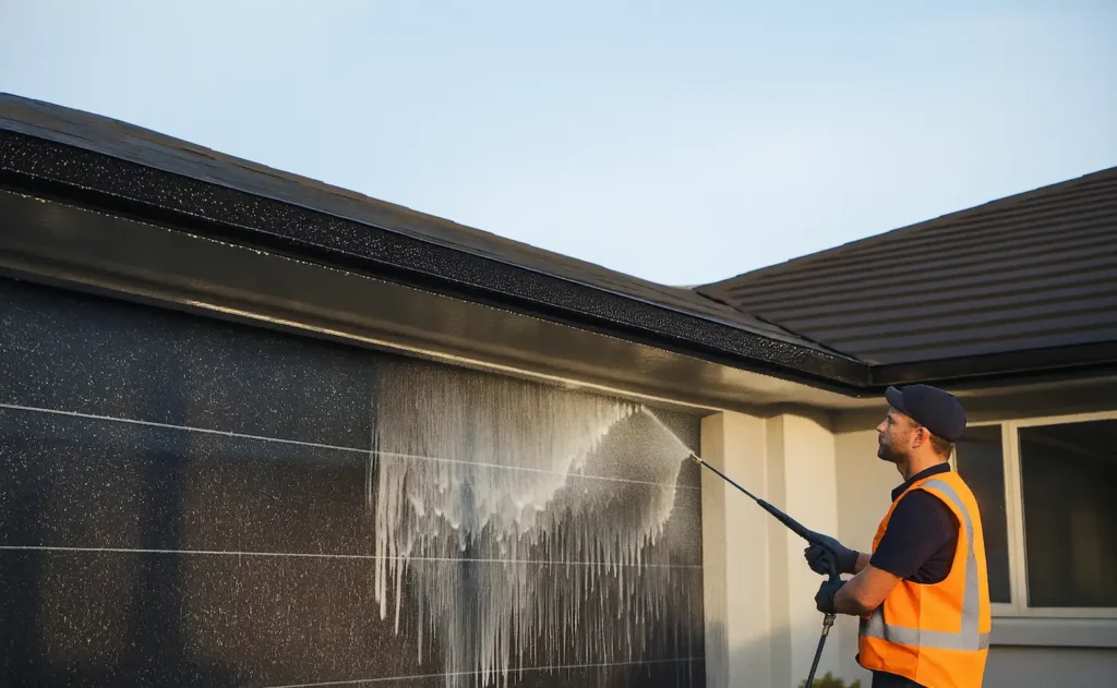 Soft washing a residential roof in Tauranga using low pressure to safely remove moss, algae, and grime without damaging tiles.