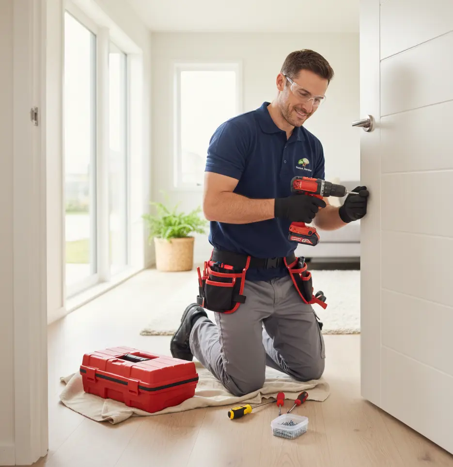 Professional handyman in Tauranga repairing a door hinge inside a modern home, using quality tools and providing reliable home maintenance services.