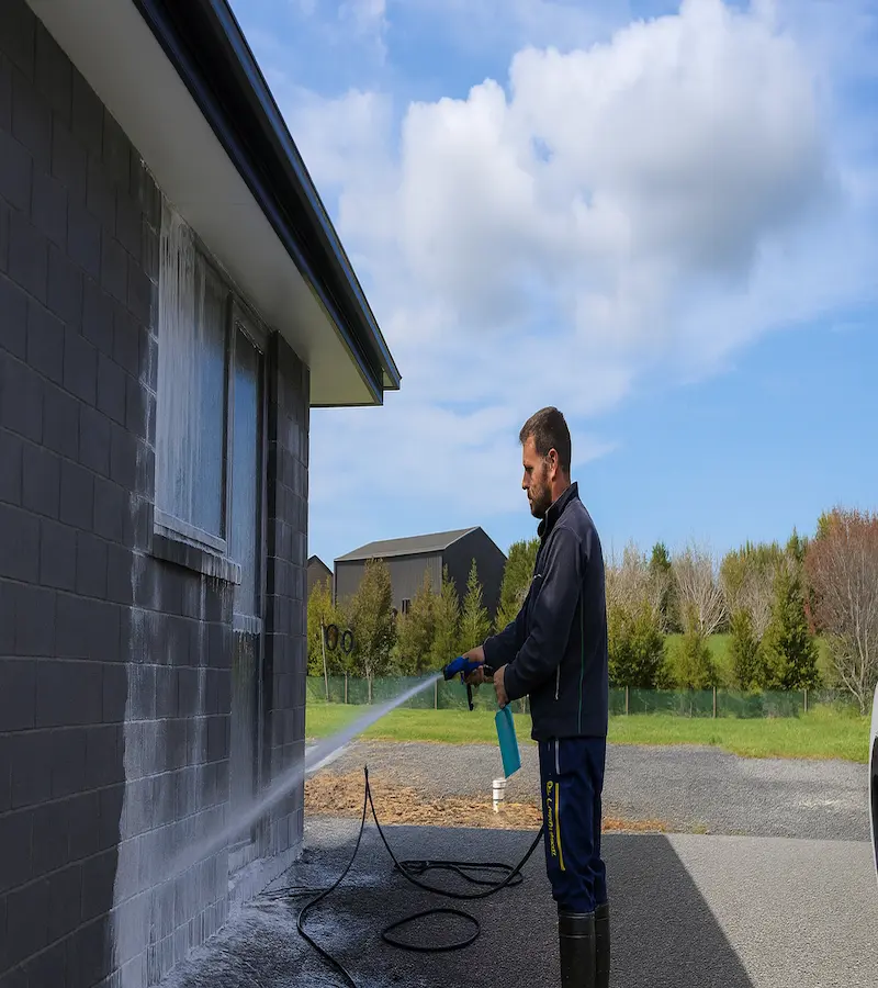 House washing staff cleaning exterior house in Tauranga by At Your Service