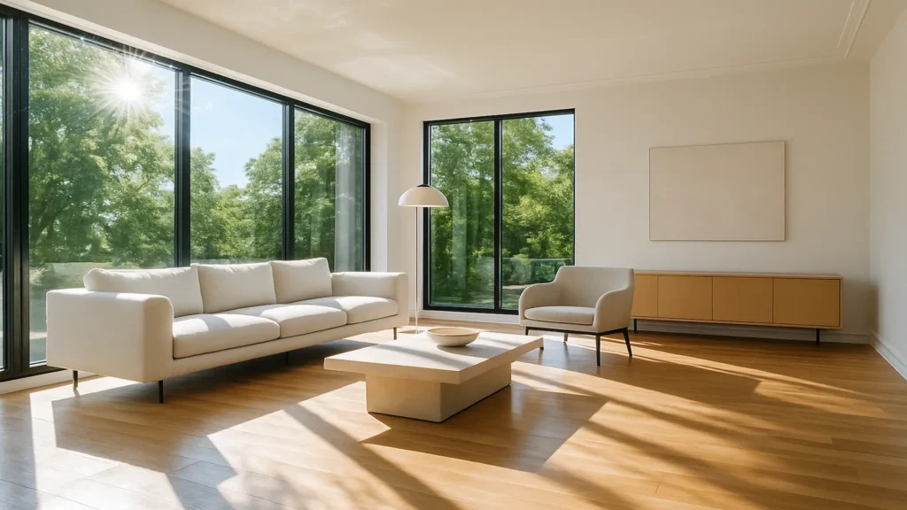 Close-up of a freshly cleaned residential window with a clear, streak-free shine in a Tauranga home, cleaned by At Your Service.