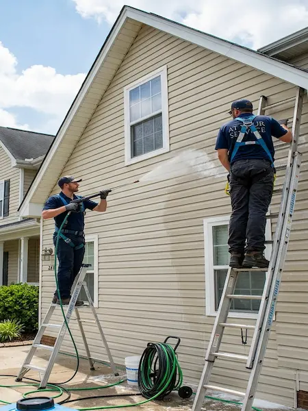 Staff performing exterior house washing in Tauranga home