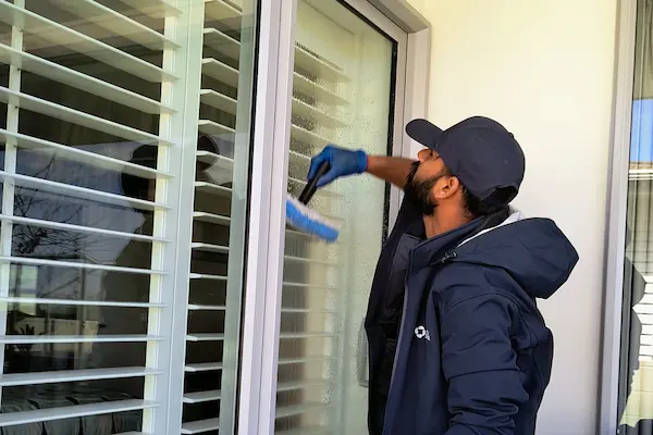 Cleaner wiping interior window glass inside a Bay of Plenty home